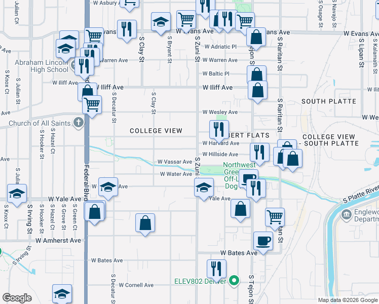 map of restaurants, bars, coffee shops, grocery stores, and more near 2455 West Vassar Avenue in Denver
