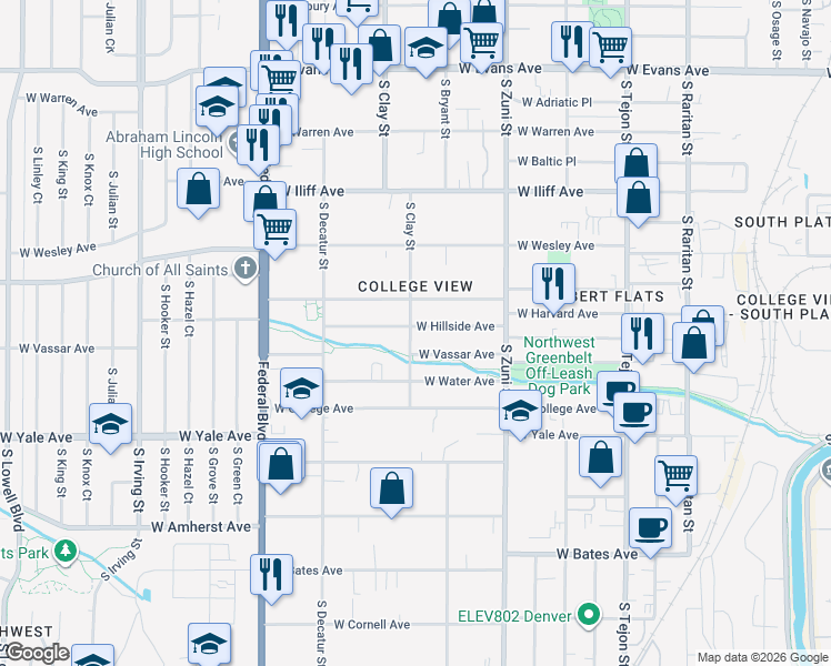 map of restaurants, bars, coffee shops, grocery stores, and more near 2565 South Clay Street in Denver