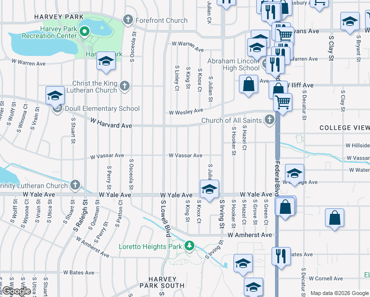 map of restaurants, bars, coffee shops, grocery stores, and more near 2595 South King Street in Denver