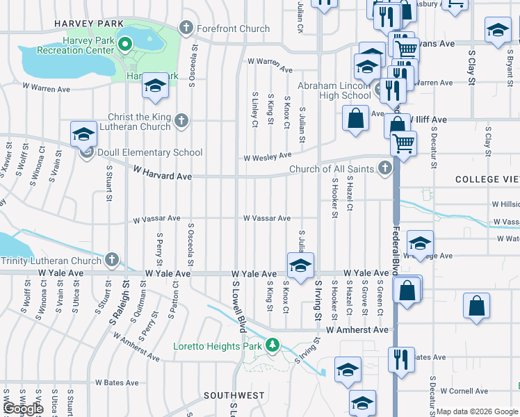map of restaurants, bars, coffee shops, grocery stores, and more near 2595 South King Street in Denver