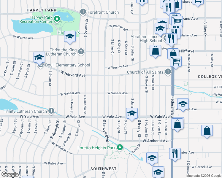 map of restaurants, bars, coffee shops, grocery stores, and more near 2596 South Lowell Boulevard in Denver