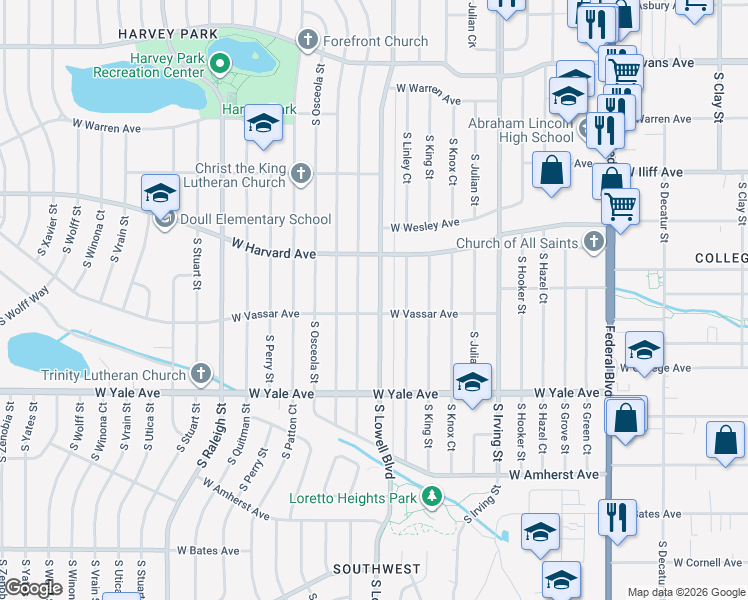 map of restaurants, bars, coffee shops, grocery stores, and more near 2596 South Lowell Boulevard in Denver