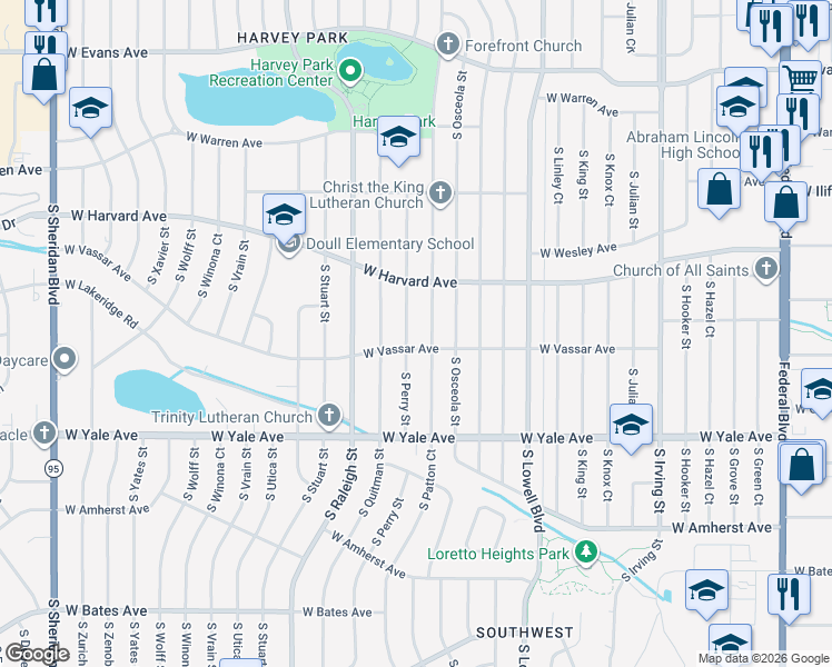 map of restaurants, bars, coffee shops, grocery stores, and more near 2599 South Patton Court in Denver