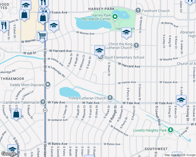 map of restaurants, bars, coffee shops, grocery stores, and more near 2597 South Uno Way in Denver