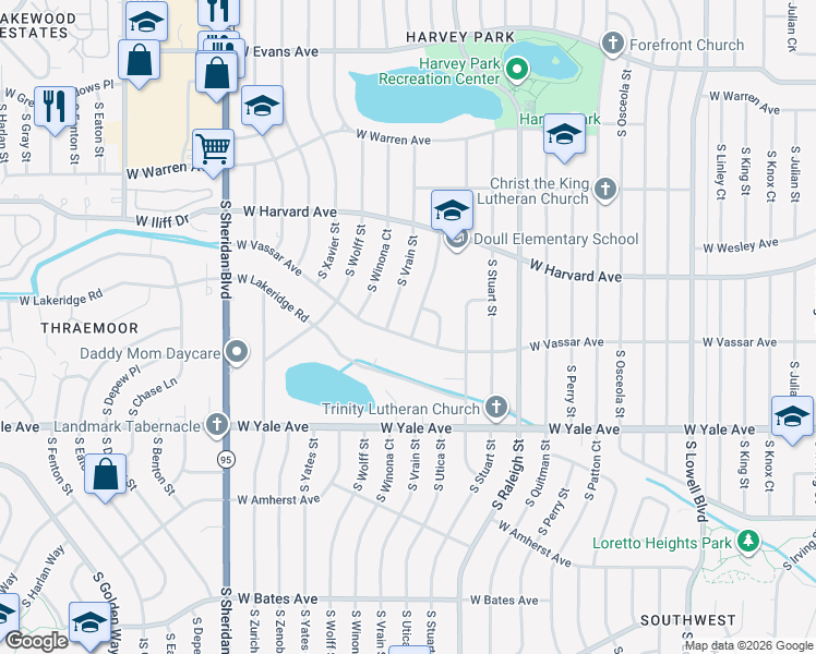 map of restaurants, bars, coffee shops, grocery stores, and more near 4520 West Vassar Avenue in Denver