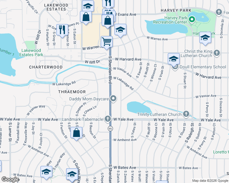 map of restaurants, bars, coffee shops, grocery stores, and more near 2646 South Sheridan Boulevard in Denver