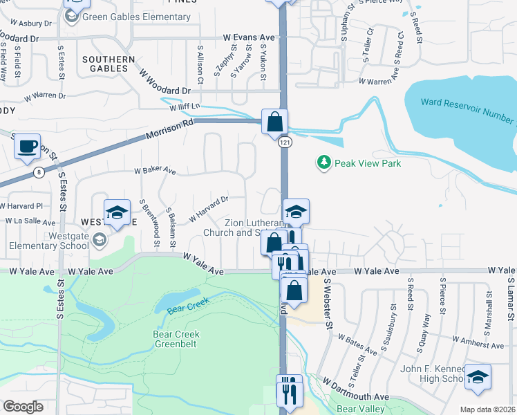 map of restaurants, bars, coffee shops, grocery stores, and more near 2659 South Wadsworth Circle in Lakewood