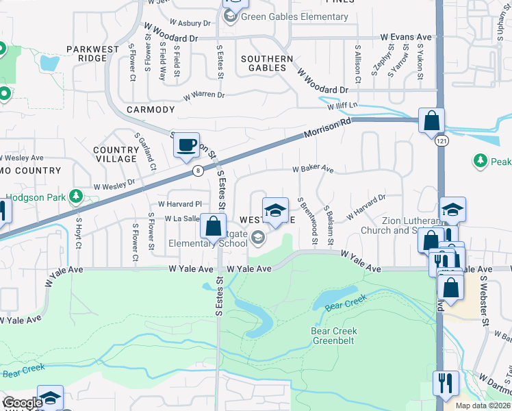 map of restaurants, bars, coffee shops, grocery stores, and more near 2548 South Dover Way in Lakewood