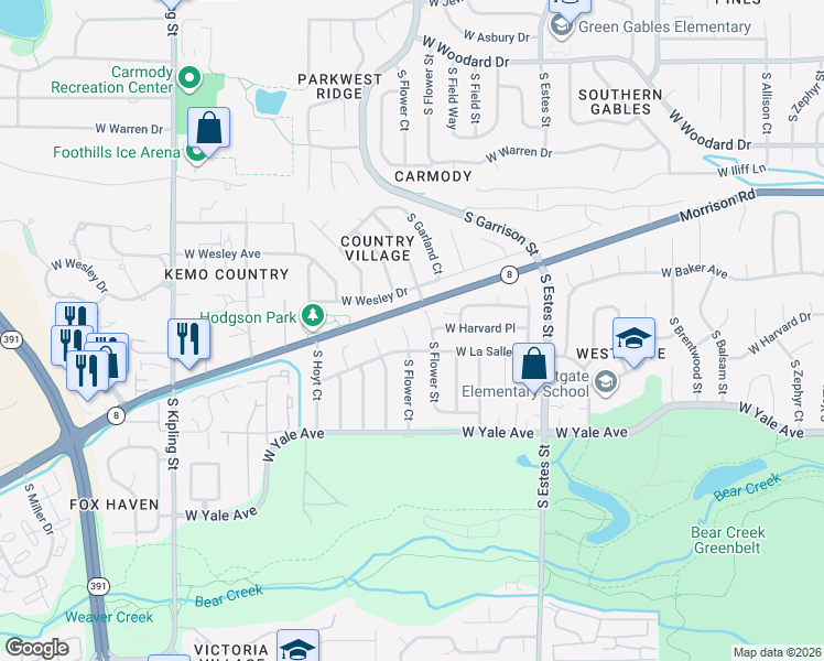 map of restaurants, bars, coffee shops, grocery stores, and more near 2536 South Flower Court in Lakewood