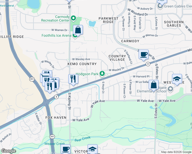 map of restaurants, bars, coffee shops, grocery stores, and more near 9645 Morrison Road in Lakewood
