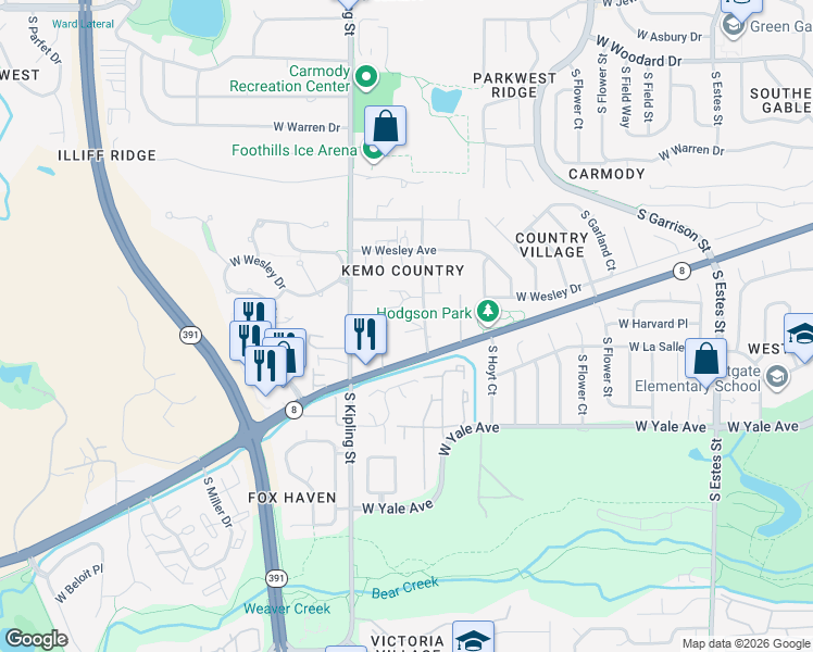map of restaurants, bars, coffee shops, grocery stores, and more near 9875 Morrison Road in Lakewood
