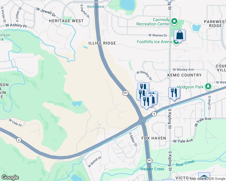 map of restaurants, bars, coffee shops, grocery stores, and more near 2549 South Newcombe Street in Lakewood