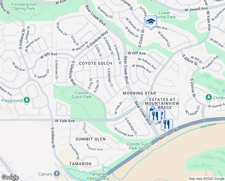 map of restaurants, bars, coffee shops, grocery stores, and more near 2444 South Ellis Street in Lakewood