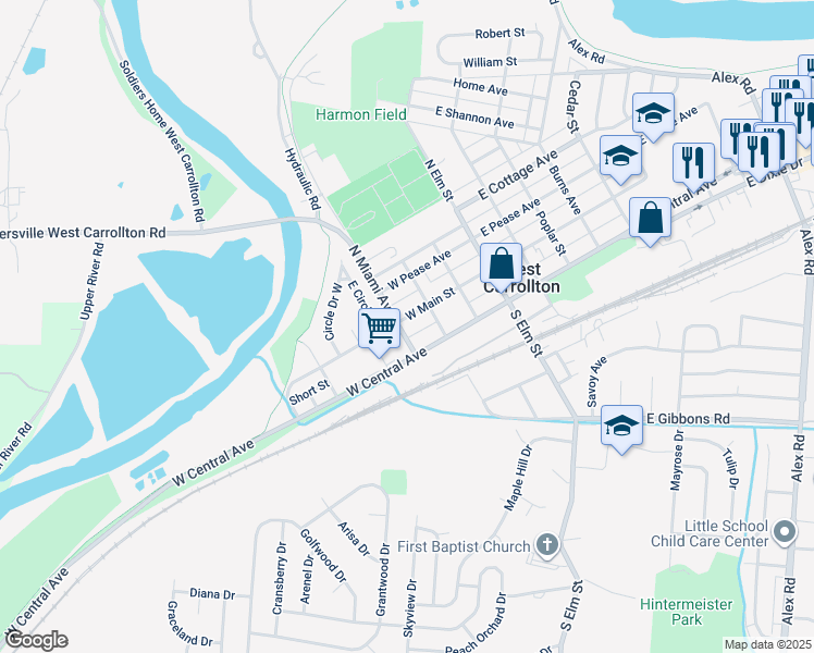 map of restaurants, bars, coffee shops, grocery stores, and more near 30 North Miami Avenue in Dayton