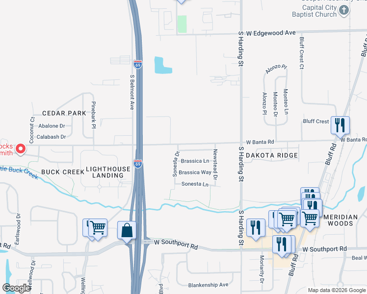 map of restaurants, bars, coffee shops, grocery stores, and more near 1801 Sonesta Way in Indianapolis
