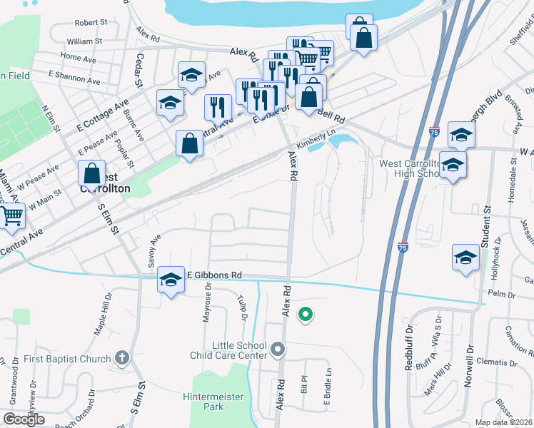 map of restaurants, bars, coffee shops, grocery stores, and more near 509 Savoy Avenue in Dayton