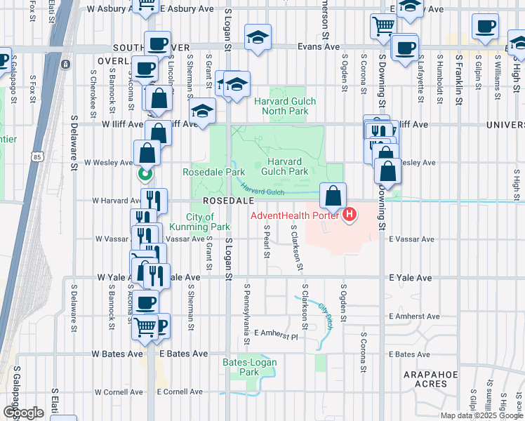 map of restaurants, bars, coffee shops, grocery stores, and more near 2545 South Pearl Street in Denver
