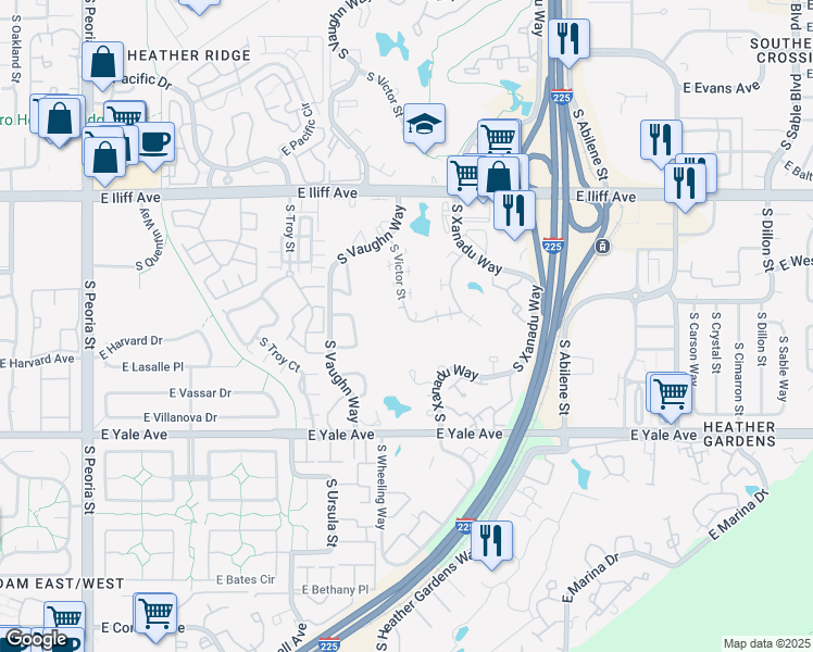 map of restaurants, bars, coffee shops, grocery stores, and more near 2487 South Victor Street in Aurora