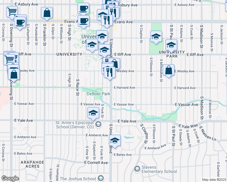 map of restaurants, bars, coffee shops, grocery stores, and more near 2512 South University Boulevard in Denver