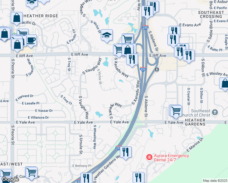 map of restaurants, bars, coffee shops, grocery stores, and more near 2501 South Victor Street in Aurora