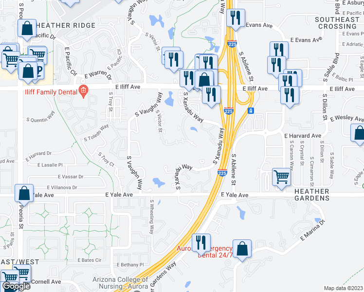 map of restaurants, bars, coffee shops, grocery stores, and more near 2501 South Victor Street in Aurora