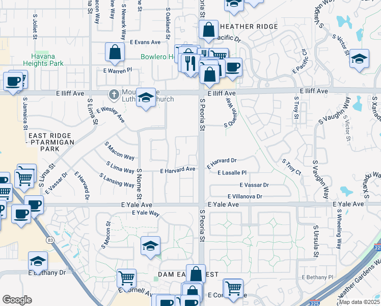 map of restaurants, bars, coffee shops, grocery stores, and more near 11905 East Harvard Avenue in Aurora