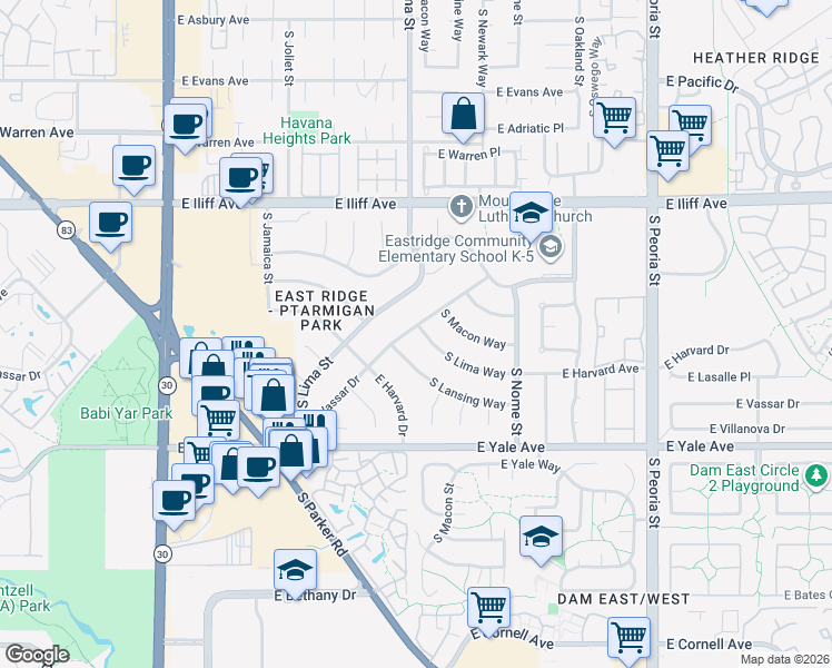 map of restaurants, bars, coffee shops, grocery stores, and more near 2425 South Lima Way in Aurora