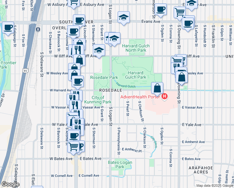map of restaurants, bars, coffee shops, grocery stores, and more near 2545 South Pennsylvania Street in Denver