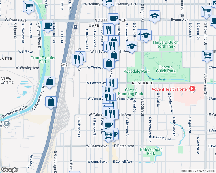map of restaurants, bars, coffee shops, grocery stores, and more near 2537 South Broadway in Denver