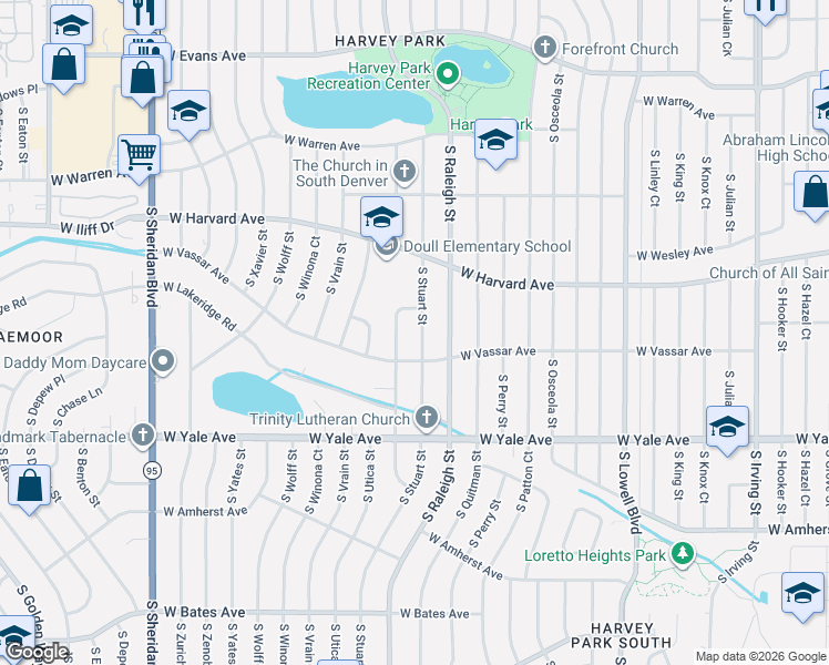 map of restaurants, bars, coffee shops, grocery stores, and more near 2588 South Tennyson Way in Denver