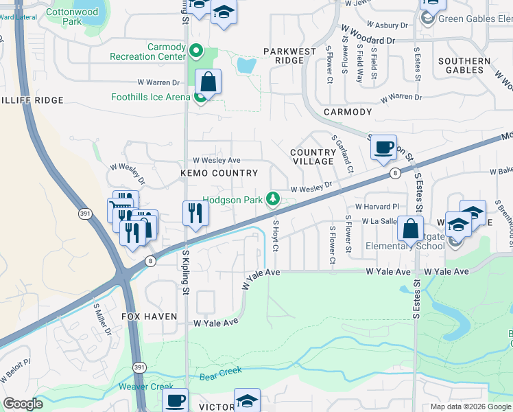 map of restaurants, bars, coffee shops, grocery stores, and more near 9645 Morrison Road in Lakewood