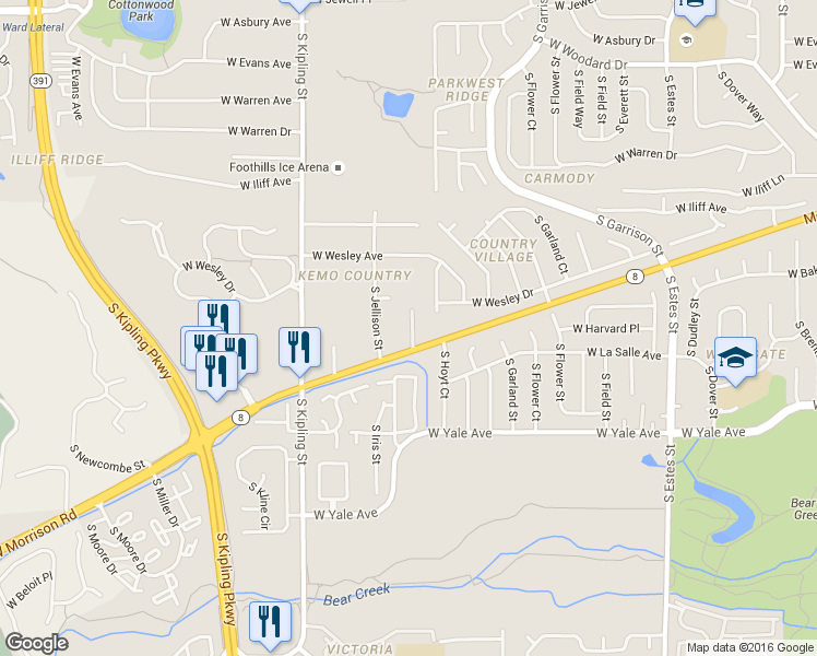 map of restaurants, bars, coffee shops, grocery stores, and more near 9645 Morrison Road in Lakewood