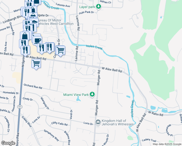 map of restaurants, bars, coffee shops, grocery stores, and more near 2305 Eagle Ridge Drive in Dayton