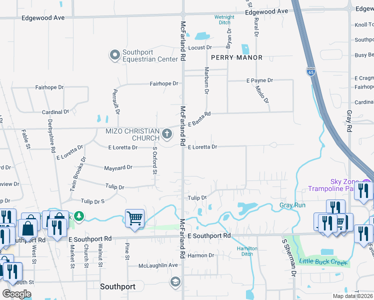 map of restaurants, bars, coffee shops, grocery stores, and more near 6641 McFarland Road in Indianapolis