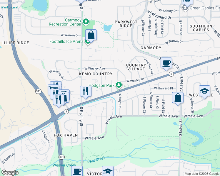 map of restaurants, bars, coffee shops, grocery stores, and more near 9645 Morrison Road in Lakewood