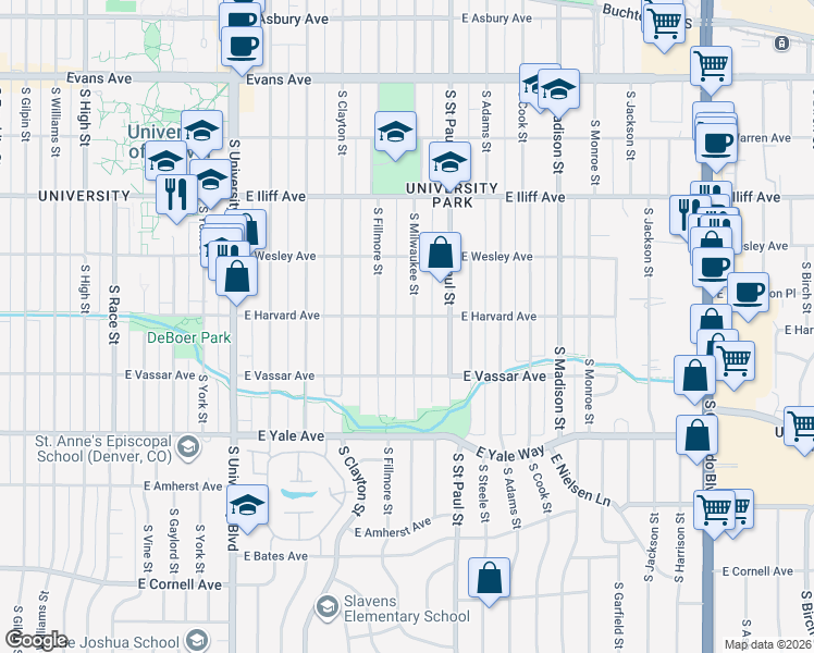 map of restaurants, bars, coffee shops, grocery stores, and more near 2536 South Milwaukee Street in Denver