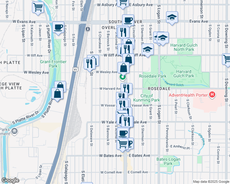 map of restaurants, bars, coffee shops, grocery stores, and more near 2538 South Bannock Street in Denver