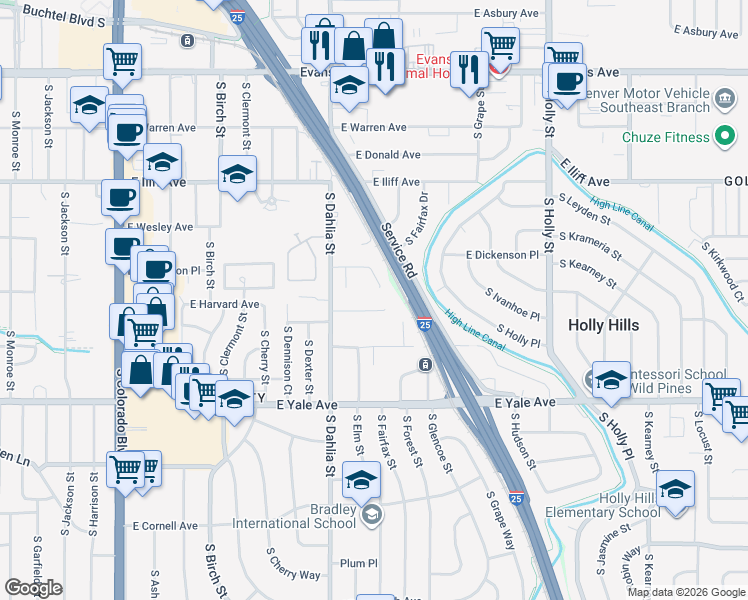 map of restaurants, bars, coffee shops, grocery stores, and more near 4980 East Vassar Lane in Denver