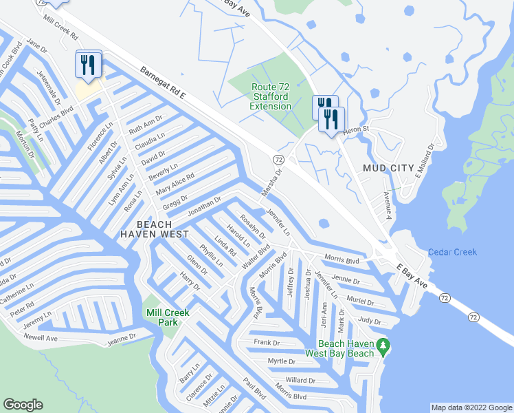 map of restaurants, bars, coffee shops, grocery stores, and more near 911 Jennifer Lane in Stafford Township