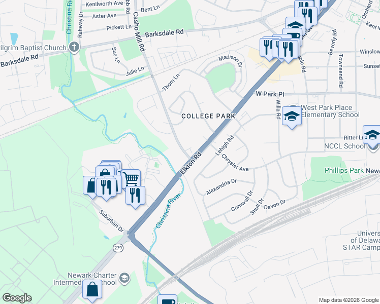 map of restaurants, bars, coffee shops, grocery stores, and more near 1501 Casho Mill Road in Newark