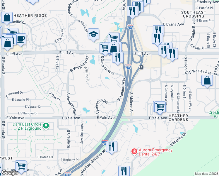 map of restaurants, bars, coffee shops, grocery stores, and more near 2522 South Worchester Court in Aurora