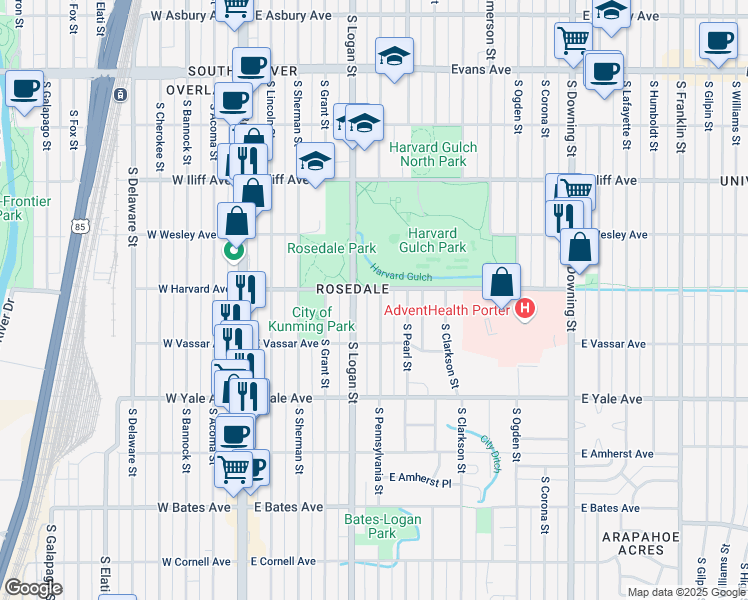 map of restaurants, bars, coffee shops, grocery stores, and more near 2545 South Pennsylvania Street in Denver