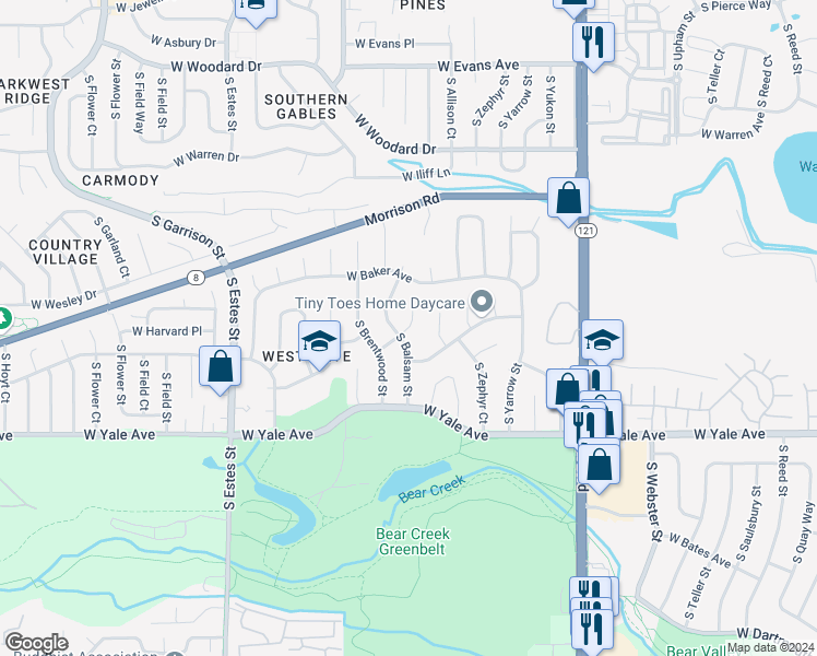 map of restaurants, bars, coffee shops, grocery stores, and more near 2419 South Balsam Way in Lakewood