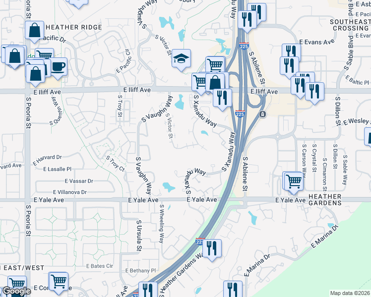 map of restaurants, bars, coffee shops, grocery stores, and more near 2501 South Victor Street in Aurora