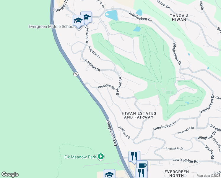 map of restaurants, bars, coffee shops, grocery stores, and more near 2459 Medinah Drive in Evergreen