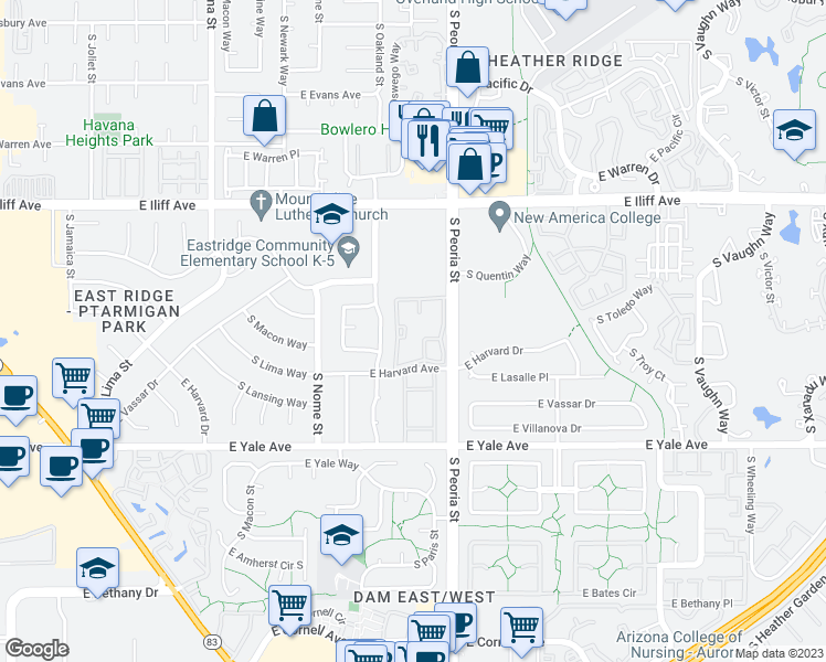 map of restaurants, bars, coffee shops, grocery stores, and more near 11905 East Harvard Avenue in Aurora
