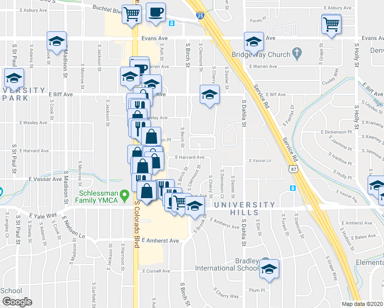 map of restaurants, bars, coffee shops, grocery stores, and more near 2501 South Clermont Street in Denver