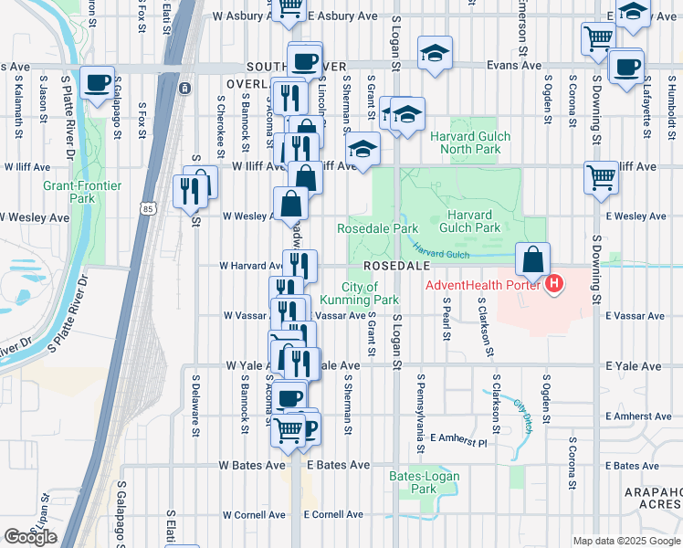map of restaurants, bars, coffee shops, grocery stores, and more near 200 East Harvard Avenue in Denver