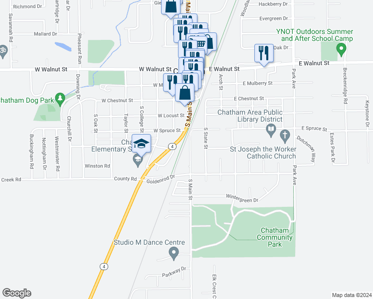 map of restaurants, bars, coffee shops, grocery stores, and more near 401 South Main Street in Chatham
