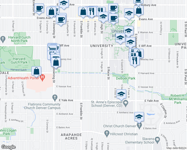 map of restaurants, bars, coffee shops, grocery stores, and more near 2515 South Williams Street in Denver
